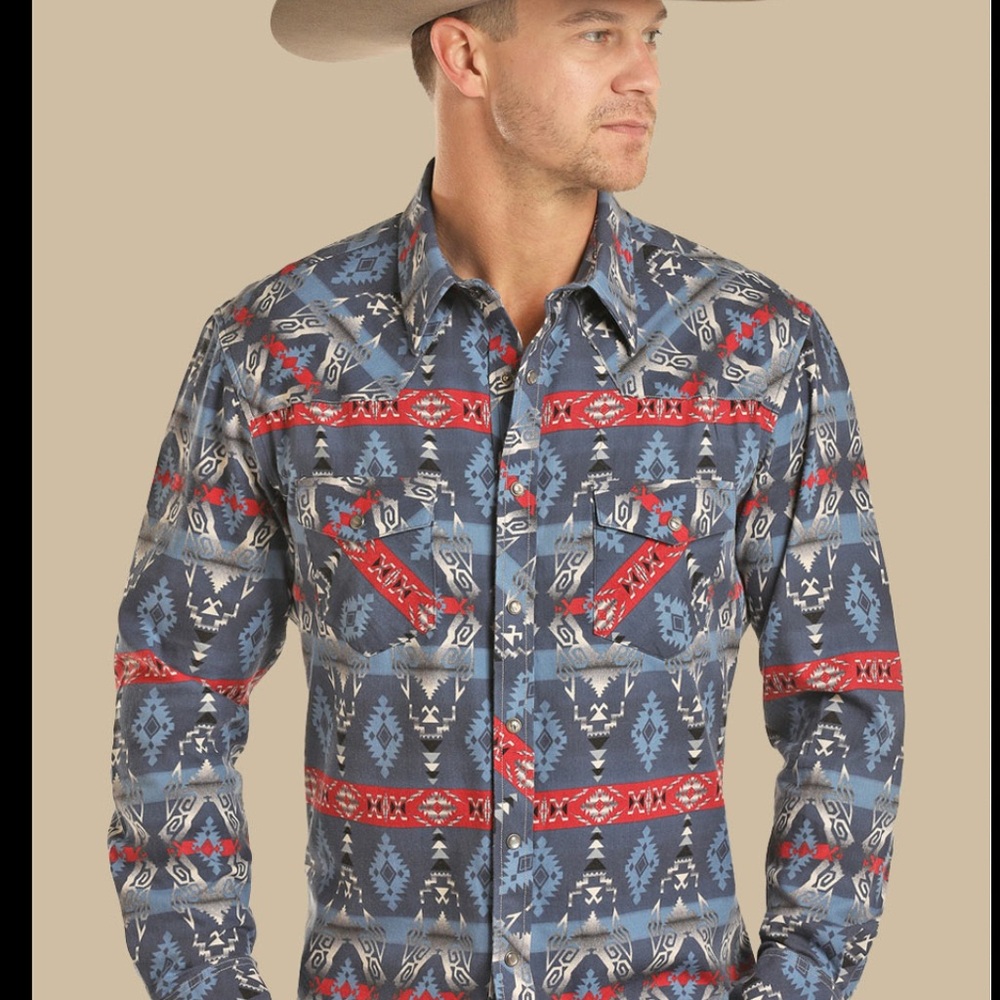 Rock & Roll CD long-sleeve western snap shirt blue, red ,white Aztec print XL